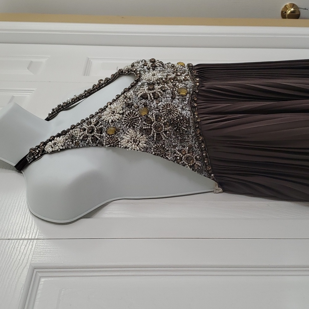 Reserved For Jaimie Alice + Olivia | Silk Taupe Backless Halterneck Beaded Dress - Picture 5 of 10